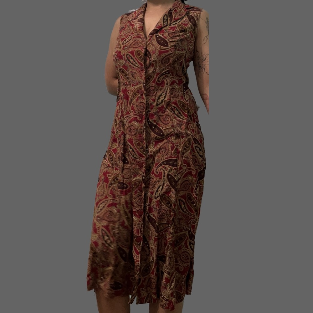 Vintage burgundy and brown paisley dress with button front